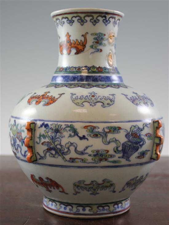 A Chinese doucai vase, 18th century, 23.5cm, handles ground off, repairs